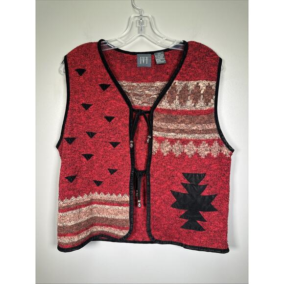 Ivy Brown Jackets & Blazers - VTG Ivy Vest Womens M Southwestern Geometric Beaded Tastle Tie Front Red Country